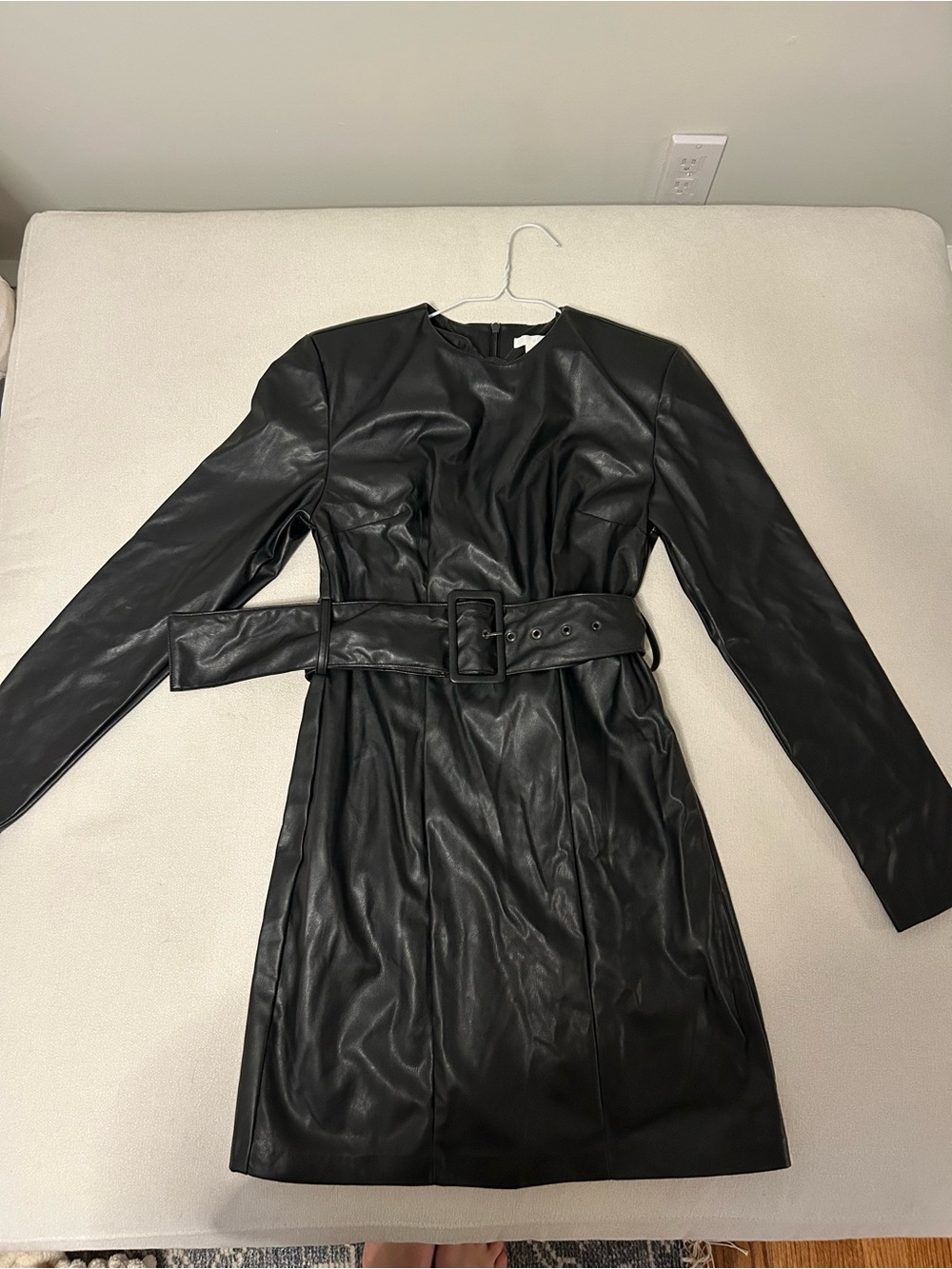 New With Tags! H&M Black Faux Leather Long-Sleeve Belted Mini Dress